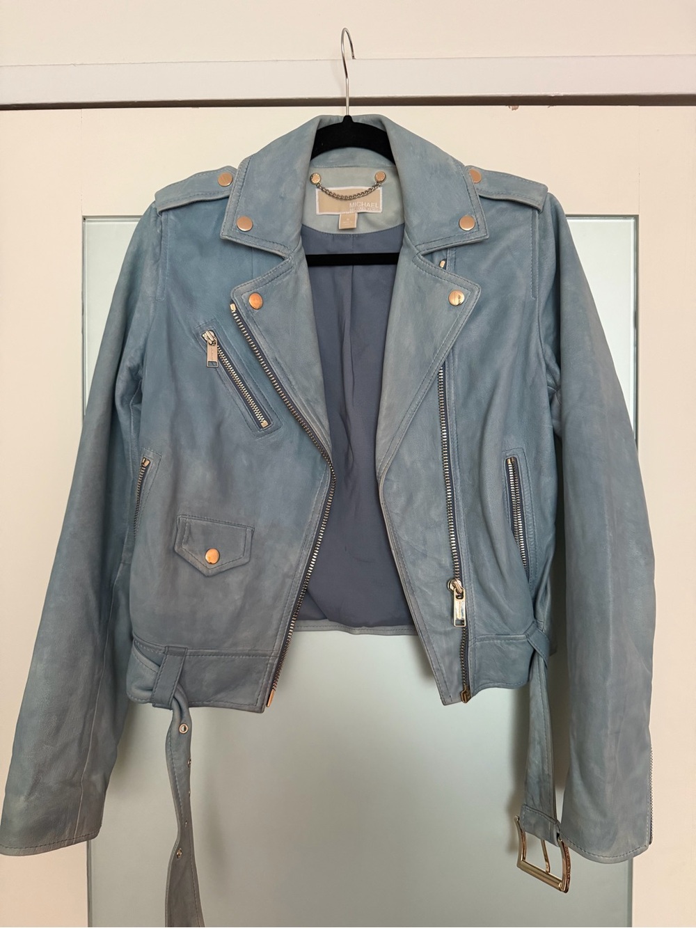 Genuine Leather Michael Kors Baby Blue Leather Moto Jacket